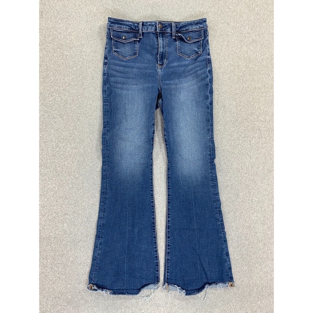 American Eagle Super High Rise Flare Jeans Women's 10 Blue Denim Stretch Raw Hem